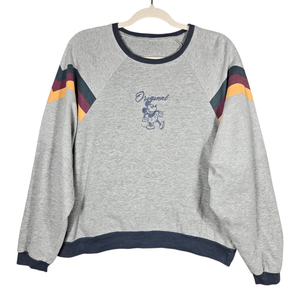 Disney Mickey Mouse Retro Raglan Sweatshirt Gray Striped Boxy Fit XL L